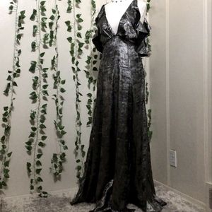 Silver Floor Length Gown with Deep V | Ruffled Sleeves | Side Slits